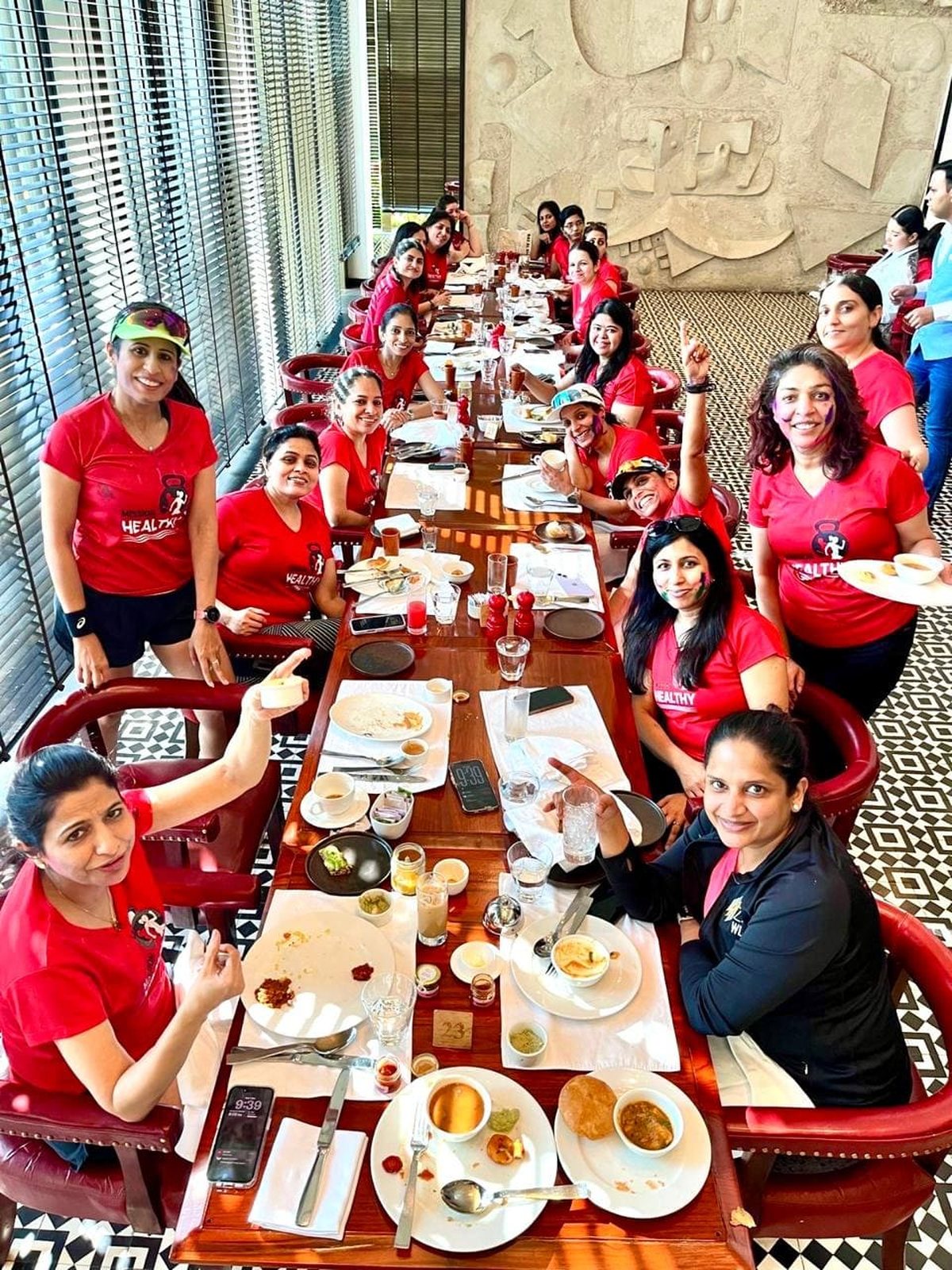 Community lunch &mdash; the women of Mission Healthy gathered at a restaurant in their red gear