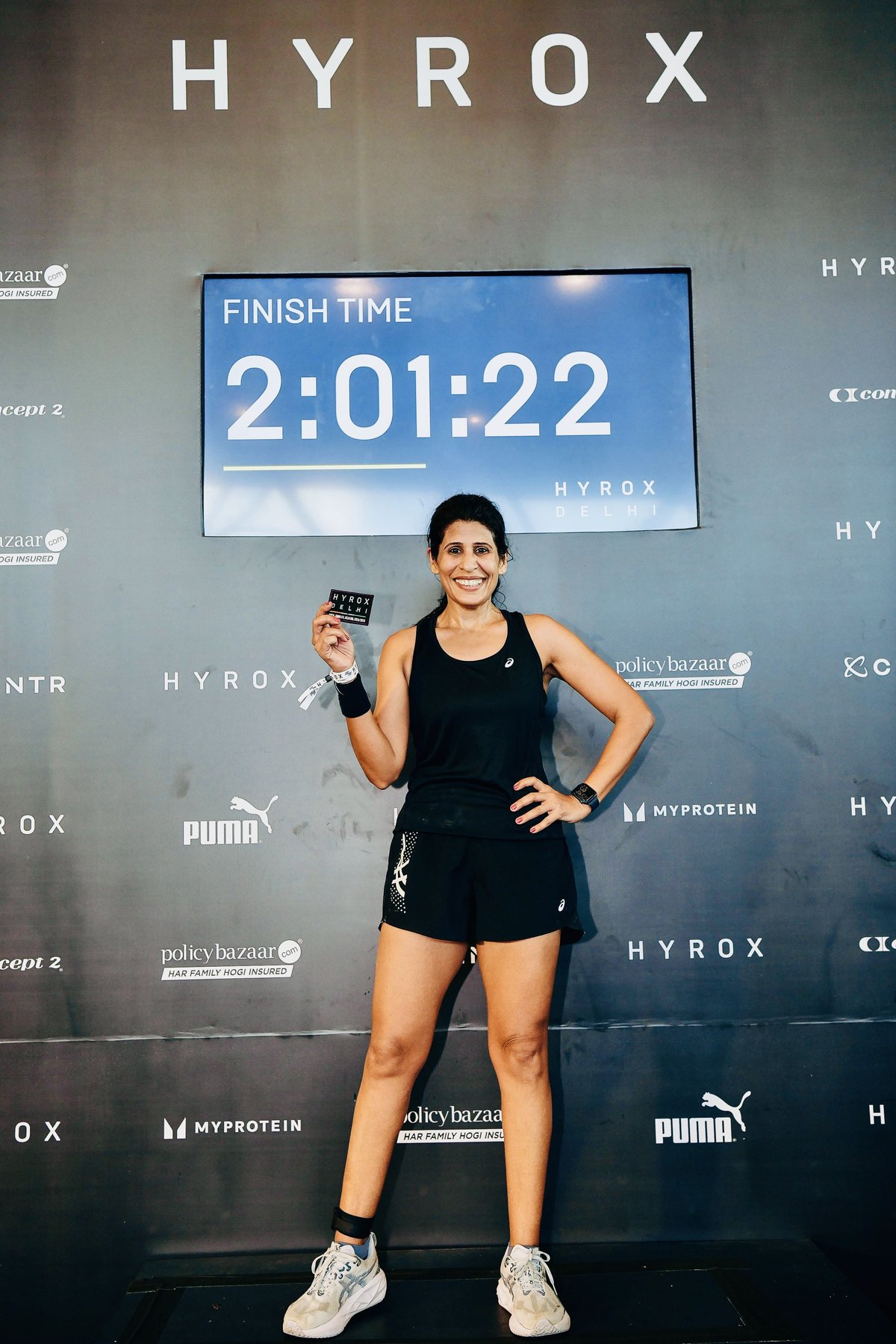 Mihika at HYROX Delhi finish line &mdash; finish time 2:01:22