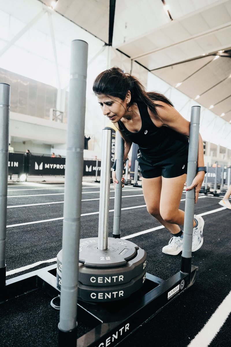 Mihika on sled push &mdash; HYROX Delhi